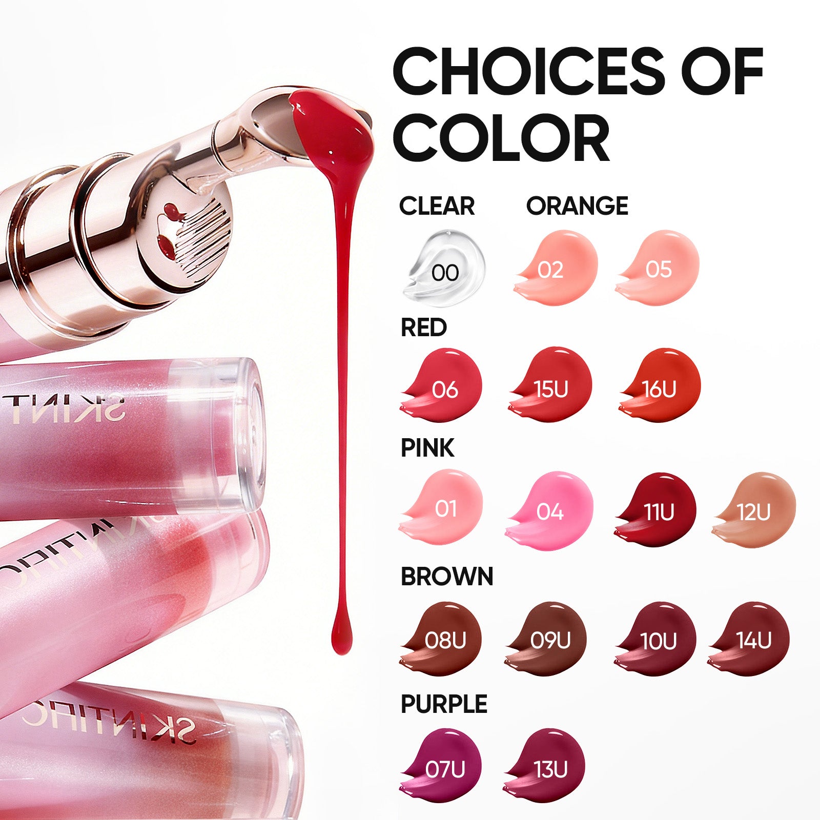 SKINTIFIC Peptide Brightening Lip Serum shades from Clear to Guava Flush