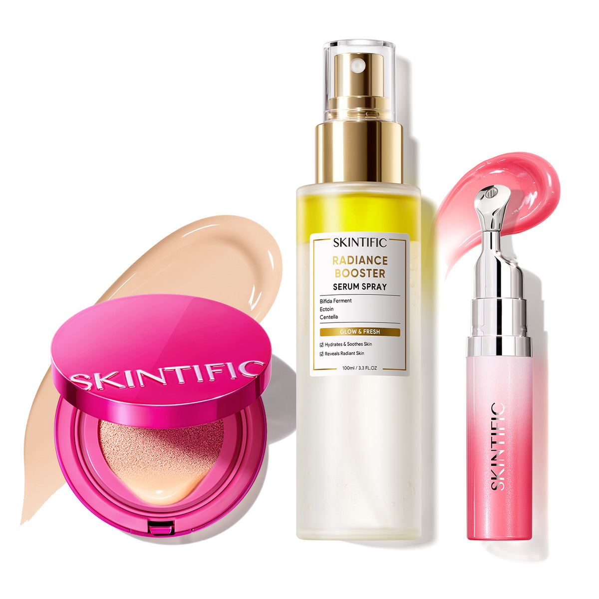 Set de maquillaje Glow con cushion, bruma facial y sérum labial