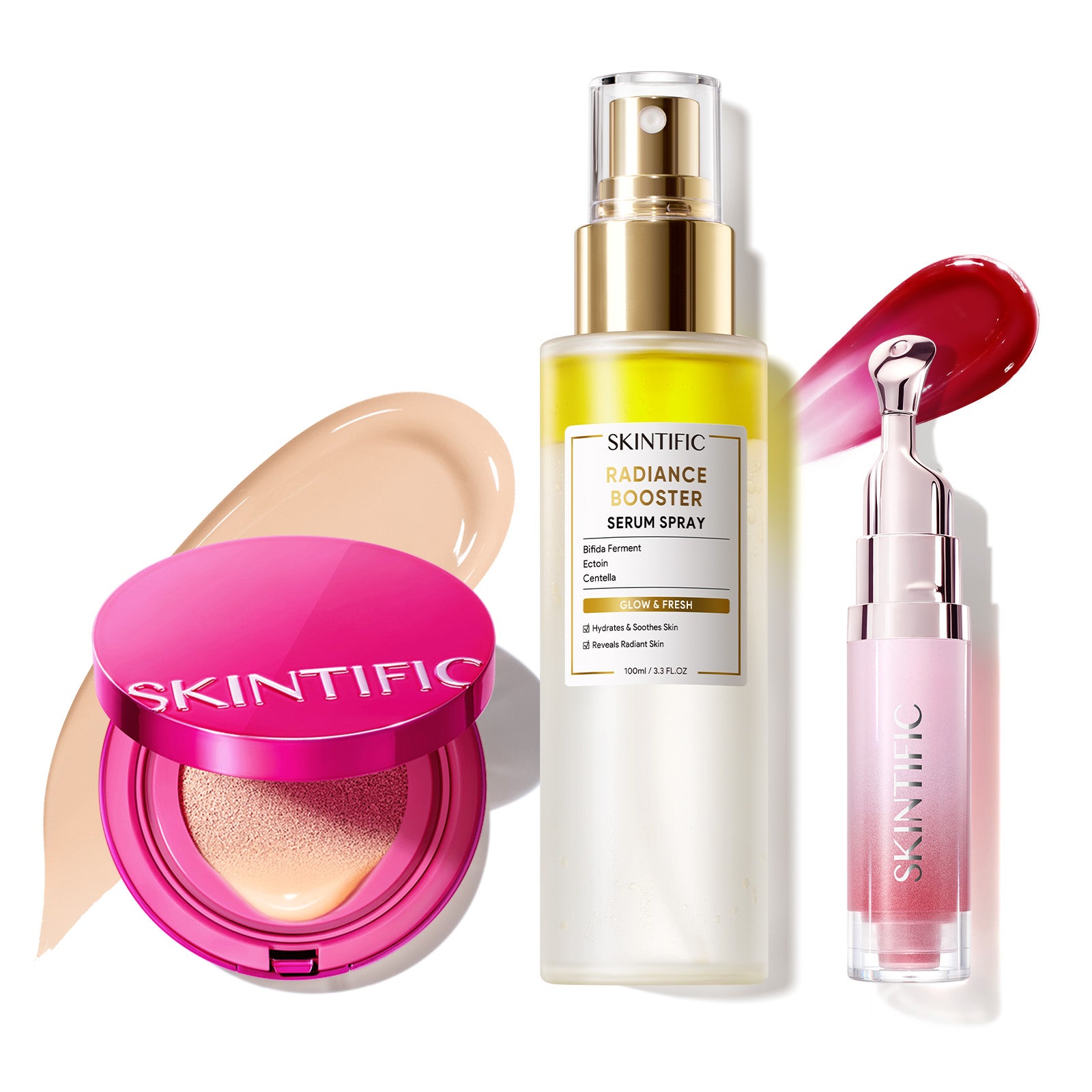 Set de maquillaje Glow con cushion, bruma facial y sérum labial