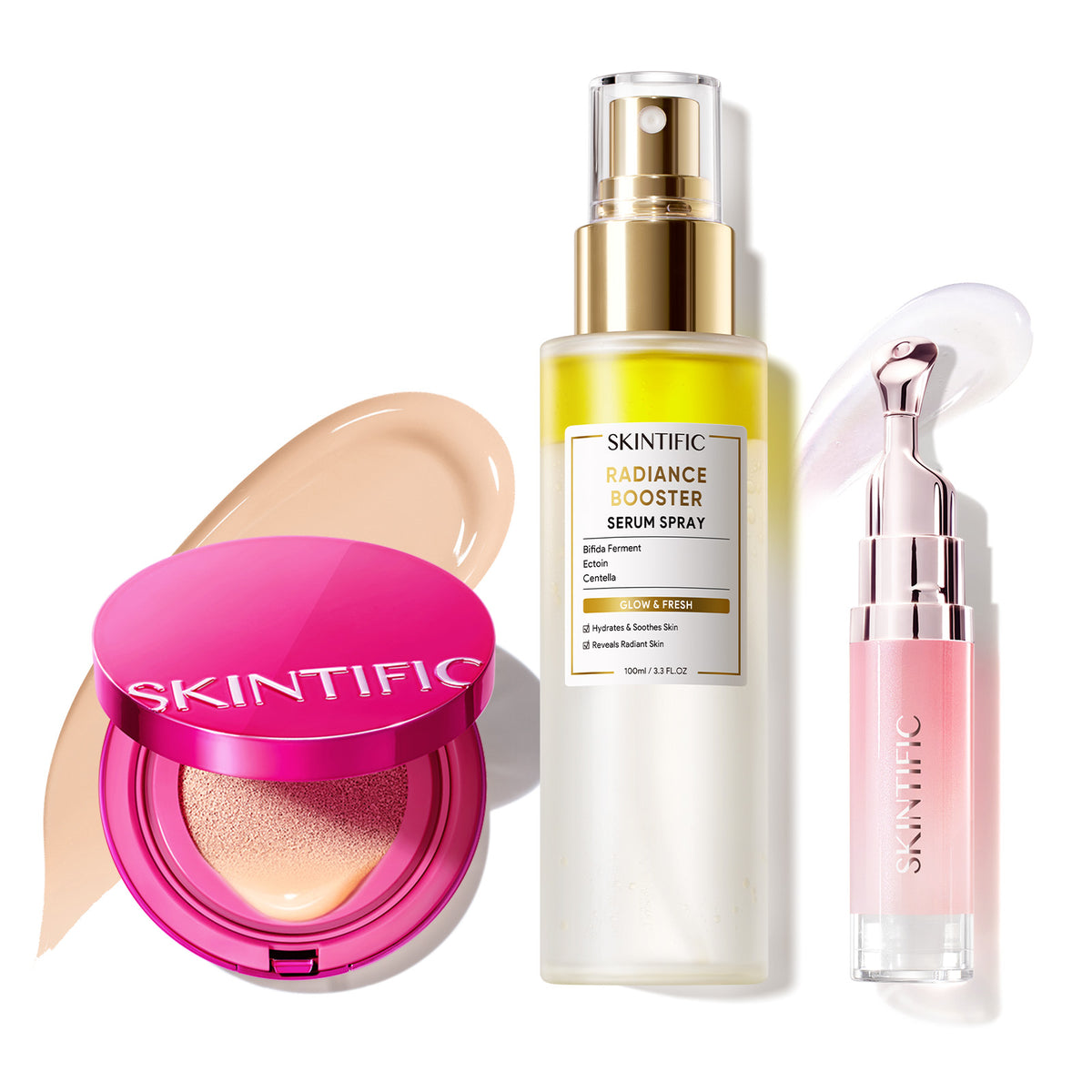 Set de maquillaje Glow con cushion, bruma facial y sérum labial