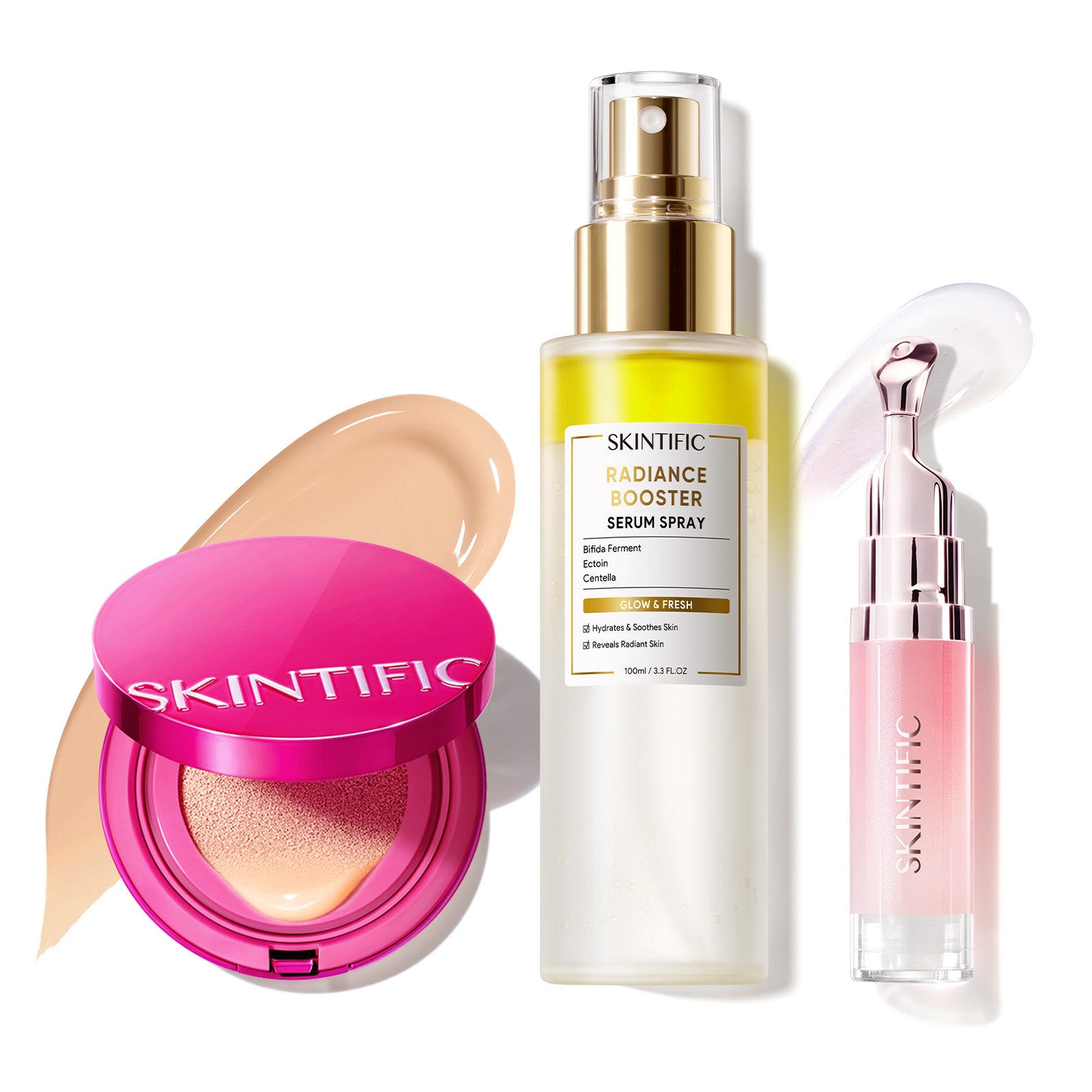 Set de maquillaje Glow con cushion, bruma facial y sérum labial