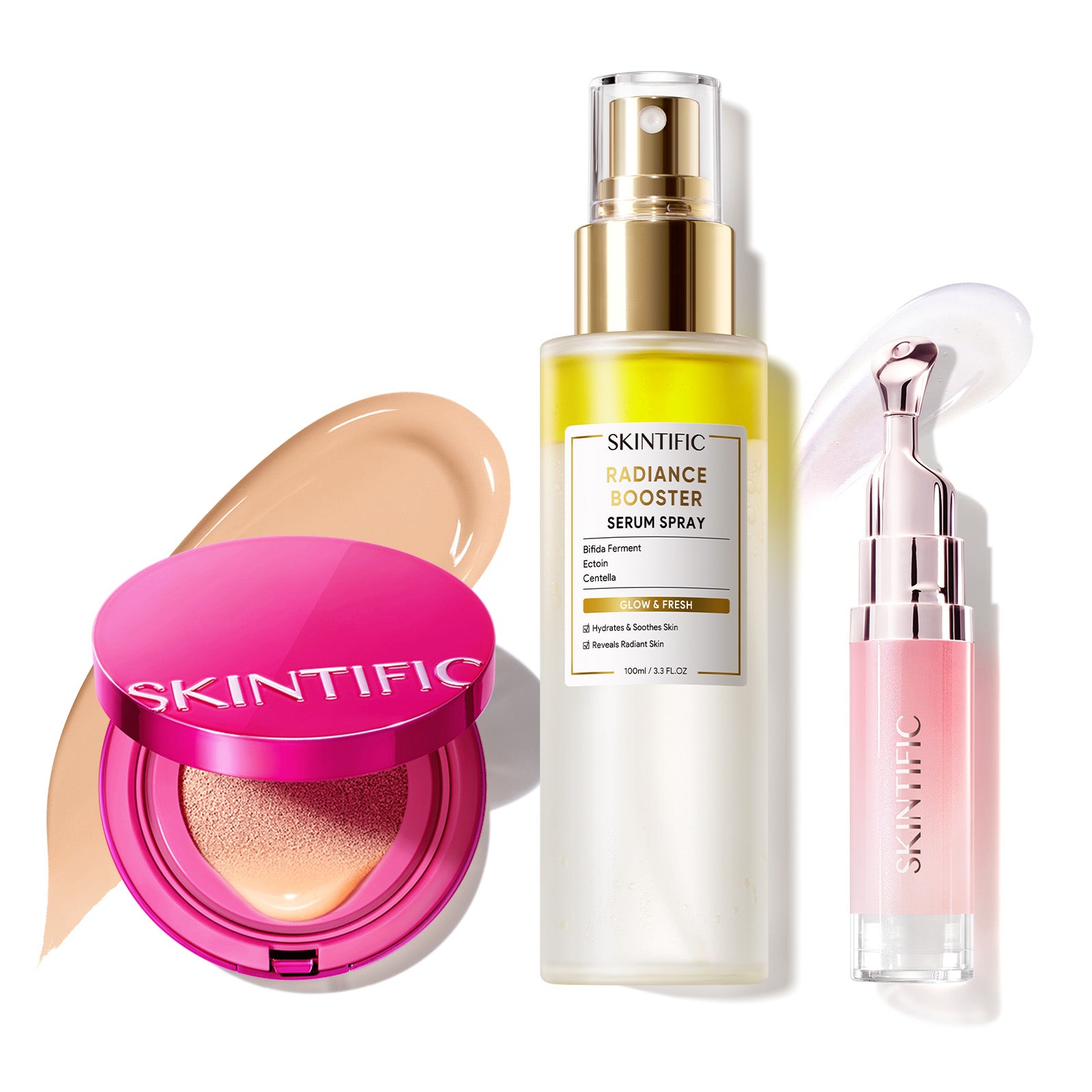 Set de maquillaje Glow con cushion, bruma facial y sérum labial