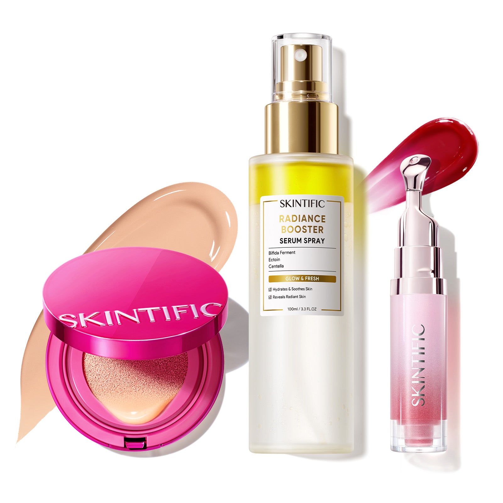 Set de maquillaje Glow con cushion, bruma facial y sérum labial