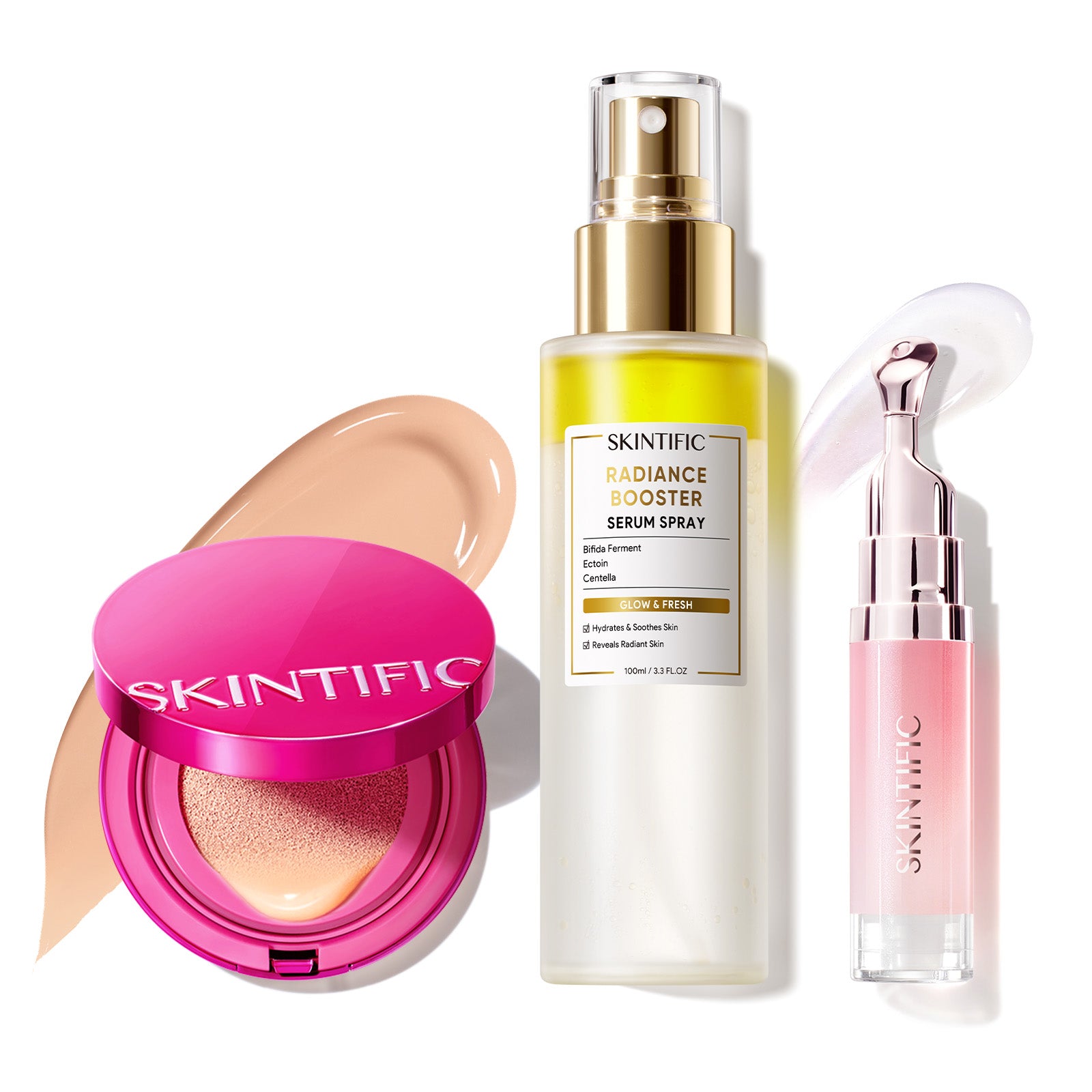 Set de maquillaje Glow con cushion, bruma facial y sérum labial