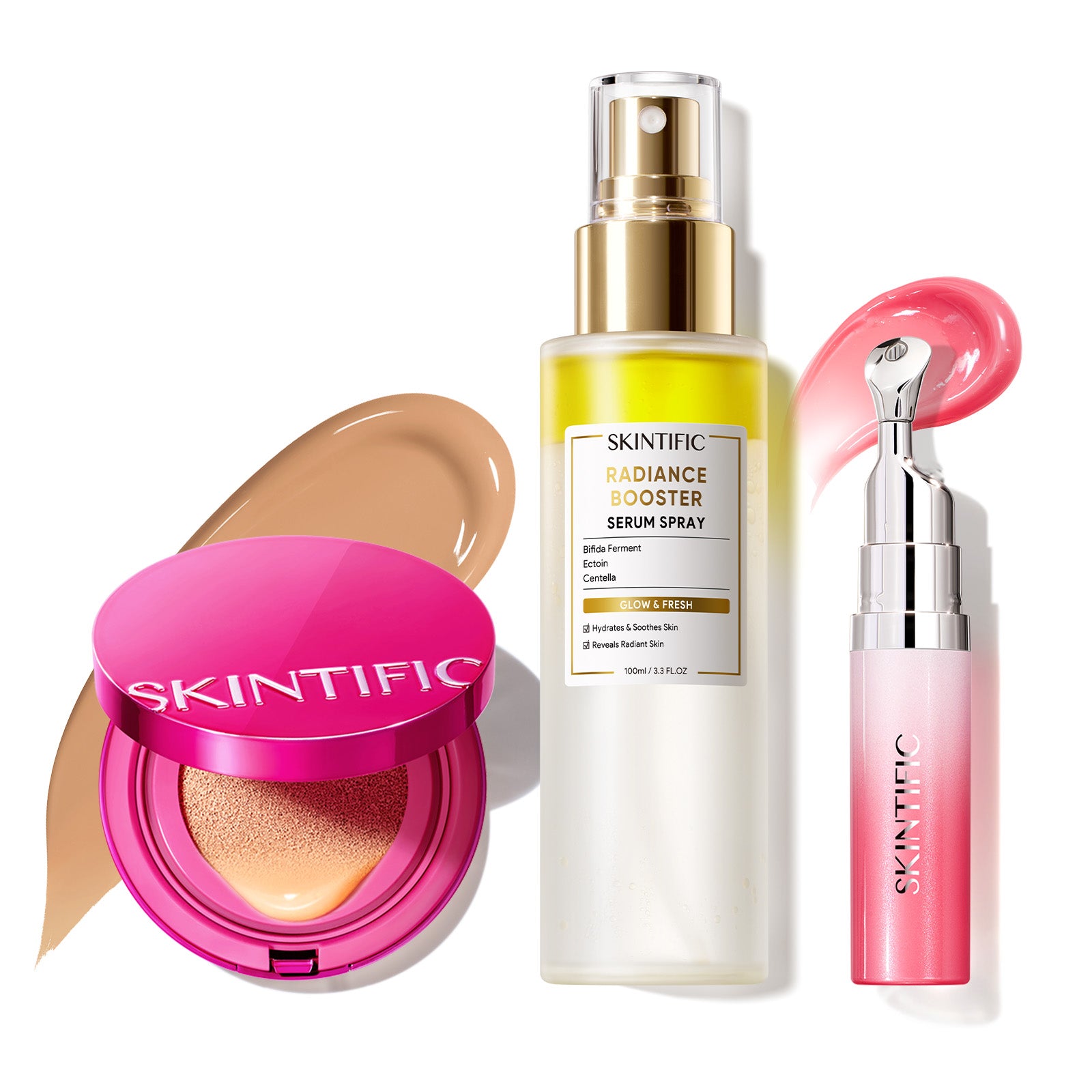 Set de maquillaje Glow con cushion, bruma facial y sérum labial