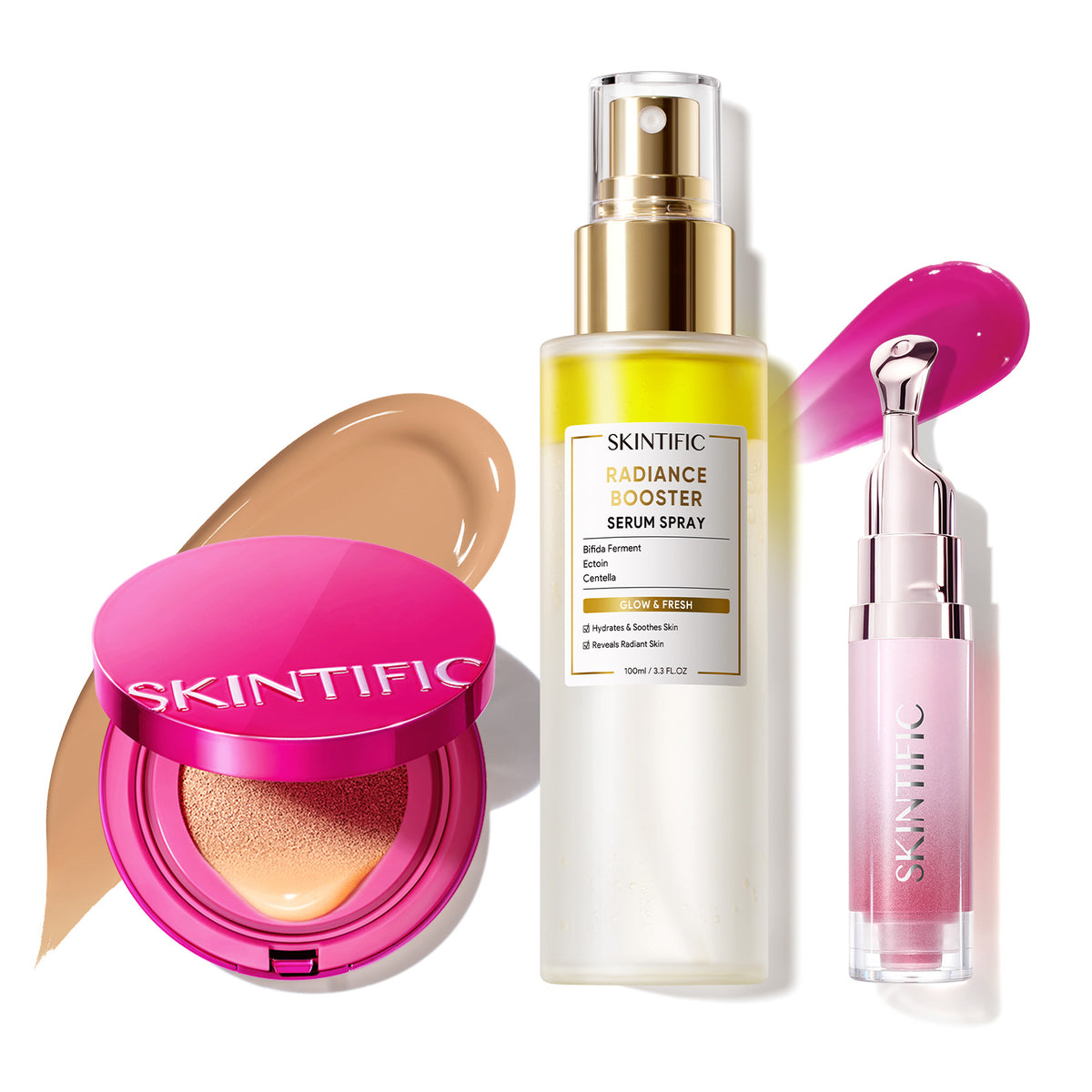Set de maquillaje Glow con cushion, bruma facial y sérum labial