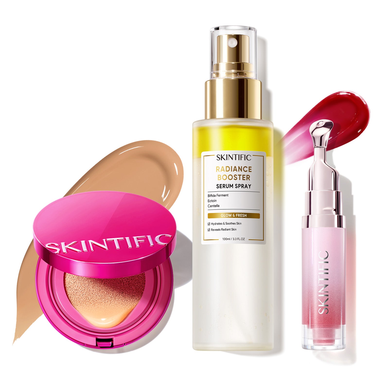 Set de maquillaje Glow con cushion, bruma facial y sérum labial