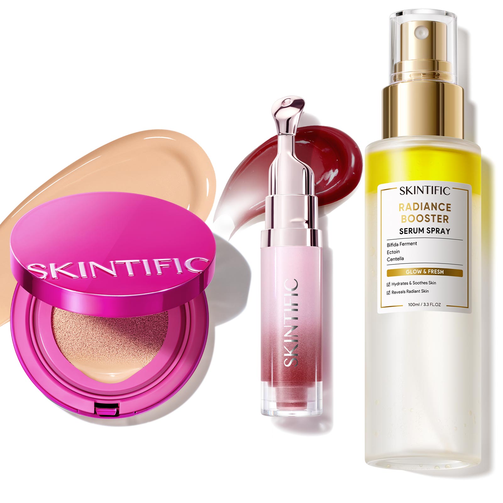 Set de maquillaje Glow con cushion, bruma facial y sérum labial