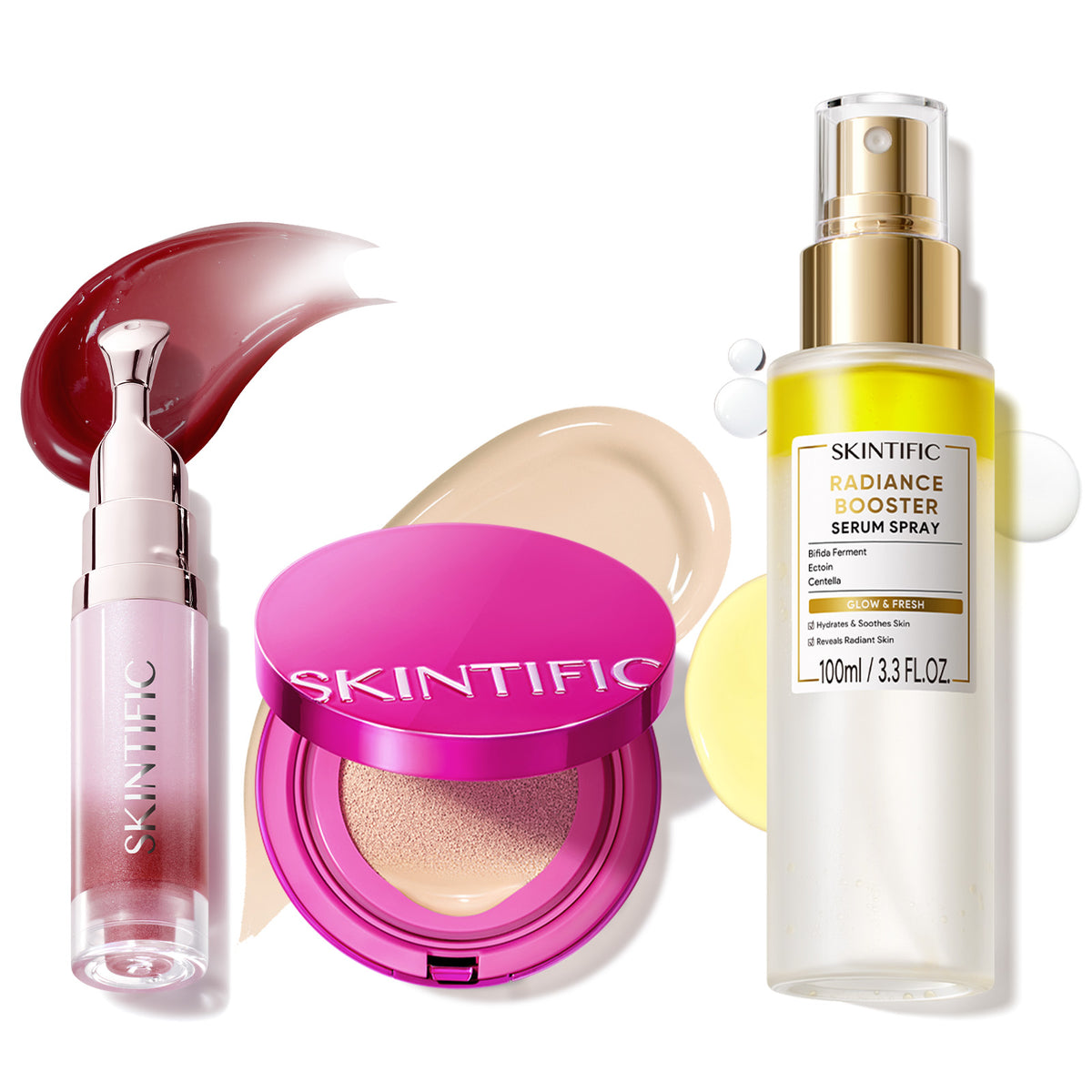 Set de maquillaje Glow con cushion, bruma facial y sérum labial
